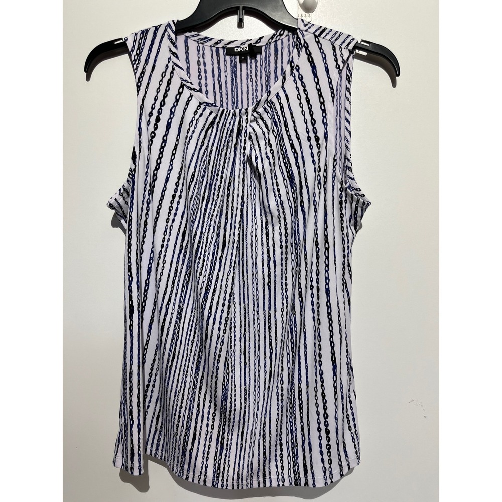 DKN Womens XL Sleeveless Blouse White Navy Black Chain Link Pleated Round Neck